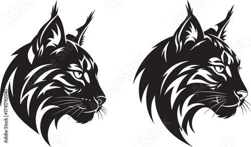 Vector art of two lynx heads in black and white, , facing different directions in vector format