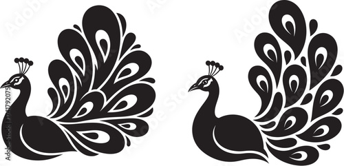 Vector art of two peacock silhouettes in black and white, , with stylized feathers in vector