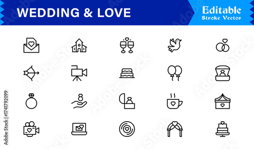 Wedding and Love line icon set featuring editable, pixel-perfect icons. Includes professional, minimal, and modern designs capturing romance and celebration themes.