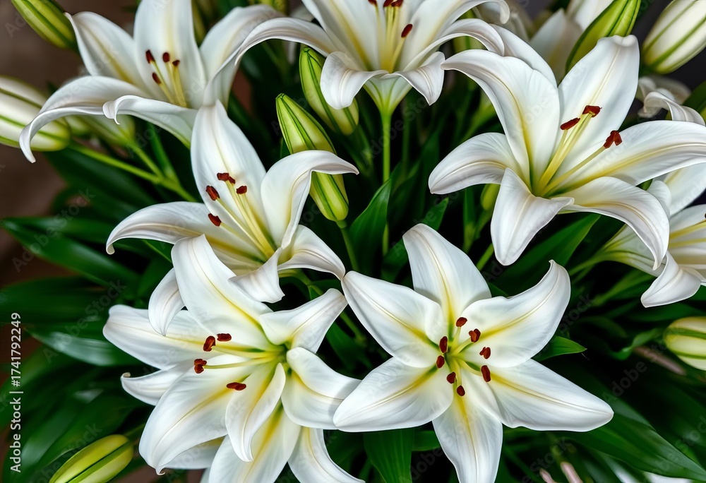 Obraz premium Elegant white lilies arranged in a lush bouquet, closeup, wedding