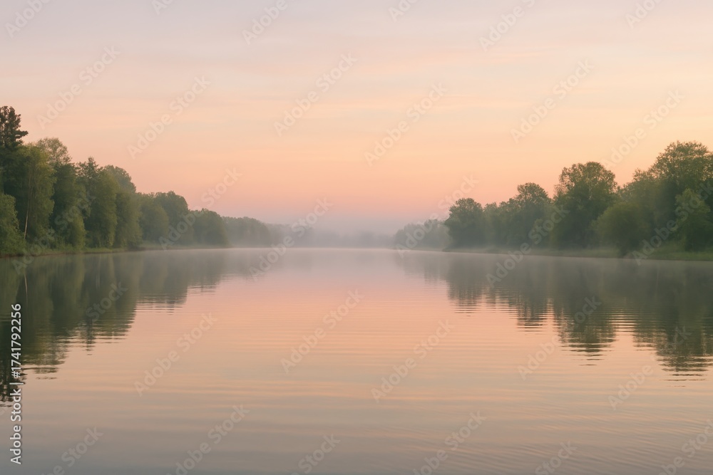 Fototapeta premium Tranquil Tisza Lake panorama with mirror like reflections calm water and soft sunrise