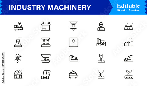 Premium Industry Machinery Line Icon Set Featuring Professional, Modern, And Minimal Editable Line Art For Construction, Manufacturing, And Heavy Equipment