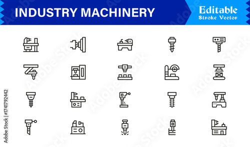Premium Industry Machinery Line Icon Set Featuring Professional, Modern, And Minimal Editable Line Art For Construction, Manufacturing, And Heavy Equipment
