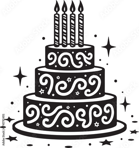 Black and white three tier birthday cake with candles and stars