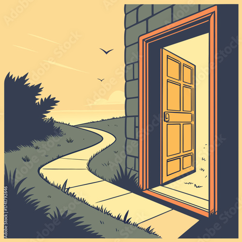 Open doorway to a winding path with birds flying in the sky at sunset