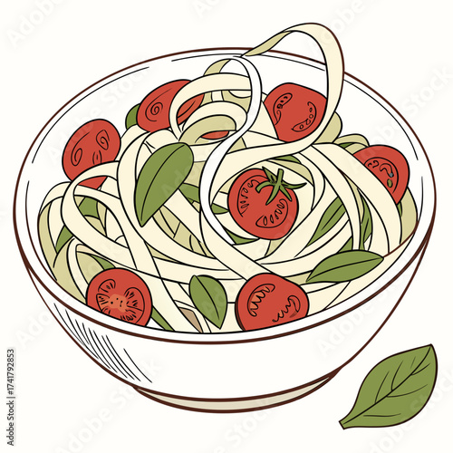 Bowl of fettuccine with tomatoes and basil