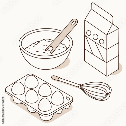 Baking ingredients including eggs, milk, flour, and whisk