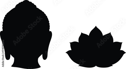 Buddha head and lotus flower silhouettes simple vector illustration for spiritual themes isolated on white background