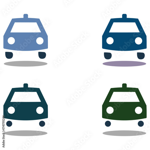 Colorful taxi car icons set for transport apps, ride booking, navigation, and city travel design