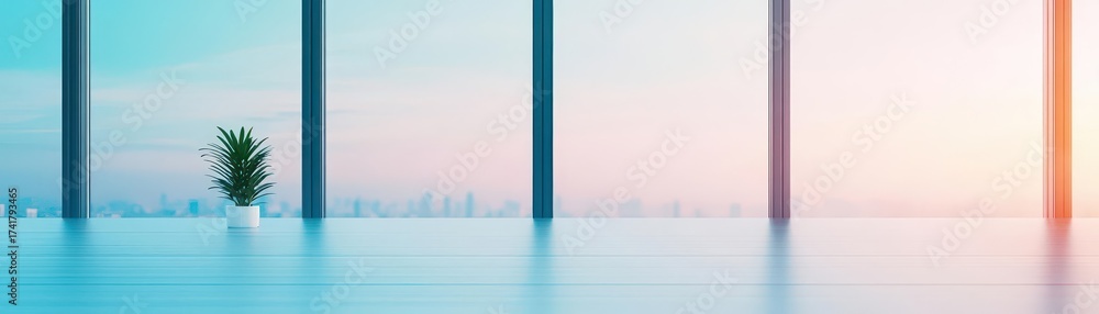 Fototapeta premium Bright Modern Office Space with Large Showing City Skyline and Sunset Light Reflection Creating a Calm Workspace Environment