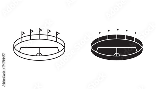 Football field icon symbol design collection, 
Sports stadiums. white line icons. Ideal for sports and entertainment themes. Symbols on black background. 