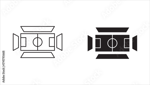 Football field set icon symbol design collection, Sports stadiums. white line icons. Ideal for sports and entertainment themes. Symbols on black background. 