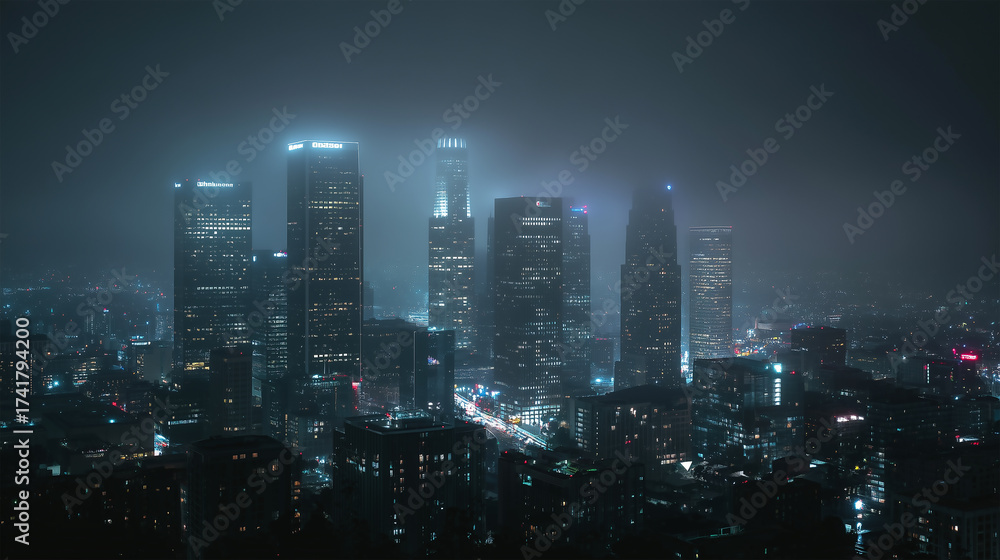 Fototapeta premium Nighttime urban skyline panorama, glimmering skyscraper lights, atmospheric fog.