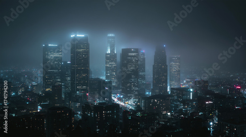 Wallpaper Mural Nighttime urban skyline panorama, glimmering skyscraper lights, atmospheric fog. Torontodigital.ca