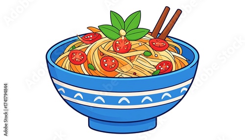 Wallpaper Mural Illustration of a Bowl of Pasta with Tomatoes, Basil and Chopsticks Torontodigital.ca