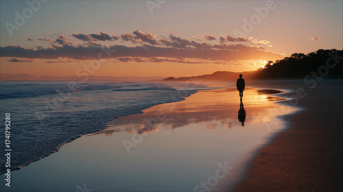 Silhouette of lone person walking on beach at sunrise, wide shot, gentle waves.
