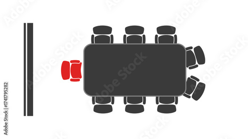 Top view of a conference room table with 8 chairs and one red chair at the head of the table,open for leader opportunity