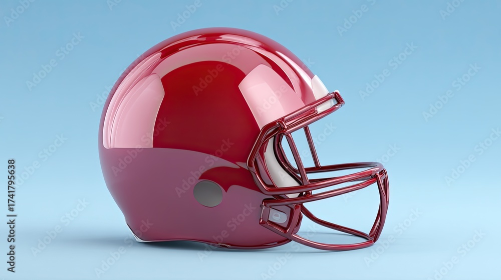 Fototapeta premium Shiny Red American Football Helmet Isolated on Light Blue Background for Sports and Athletic Themes