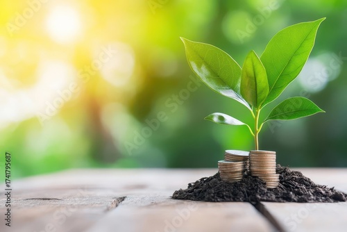 Young green plant with healthy leaves growing from stacked coins on soil with blurred sunlight background symbolizing financial growth and environmental sustainability