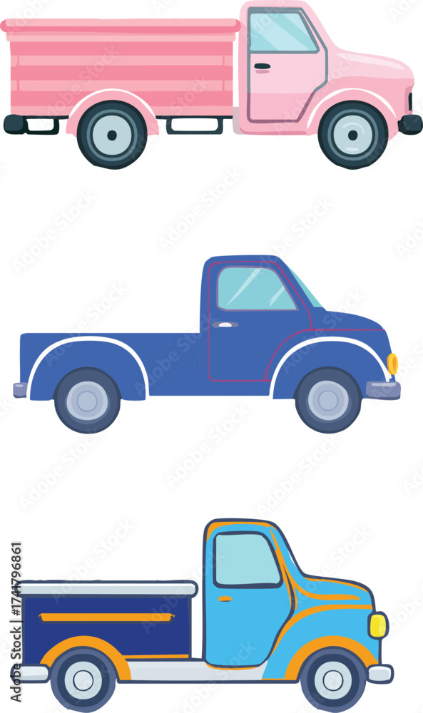 Naklejka premium Colorful Pickup Truck Vector Illustration Set