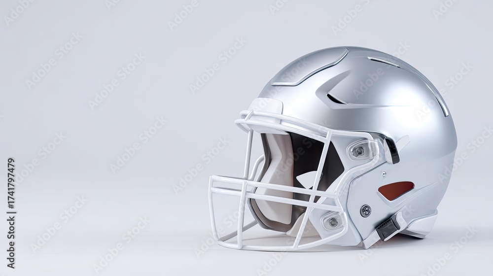Fototapeta premium Modern Silver Football Helmet with White Face Mask in Studio Setting, Ideal for Sports and Athletic Themes