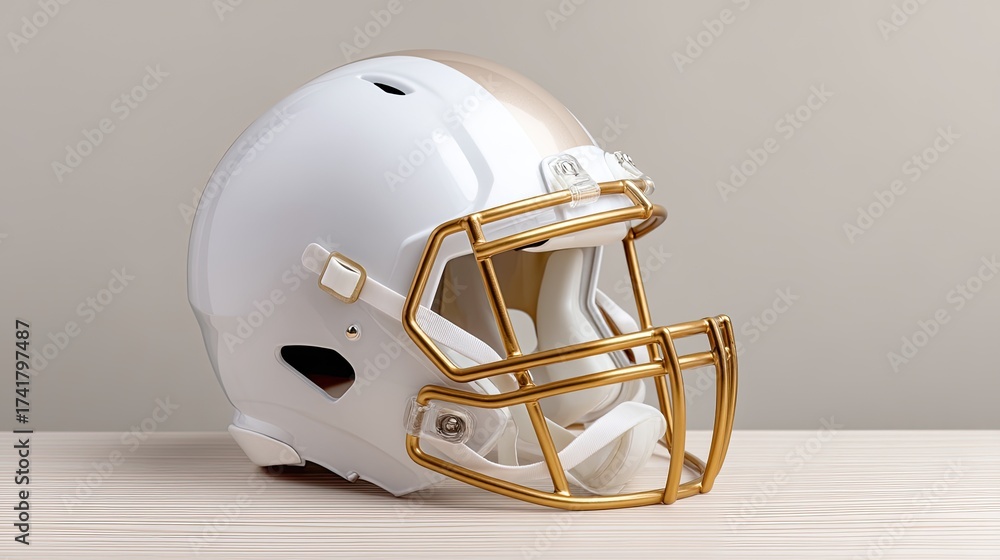Fototapeta premium Modern Football Helmet with Gold Facemask and White Shell on Minimalist Background