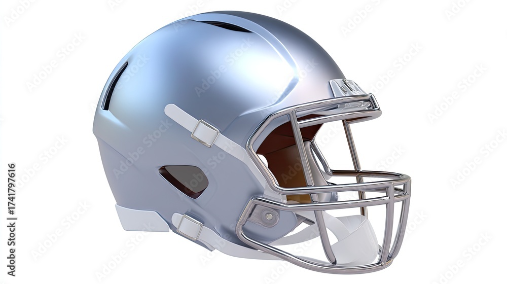Fototapeta premium Detailed Silver Football Helmet on White Background, Perfect for Sports and Equipment Themes in Various Applications