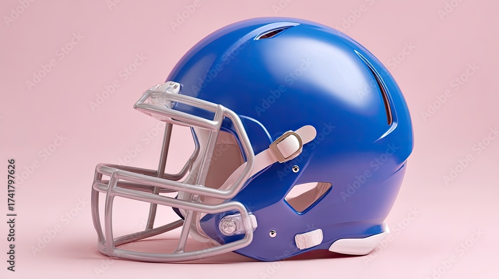 Fototapeta premium Blue Football Helmet on Pink Background, Isolated Sports Equipment for American Football Fans and Athletes