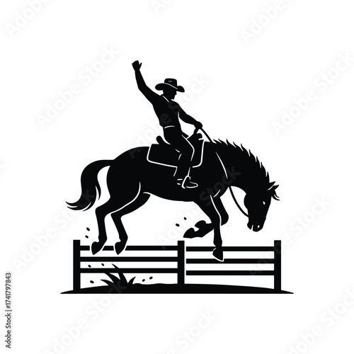 Cowboy riding horse silhouette vector illustration jumping over fence western rodeo equestrian sport design