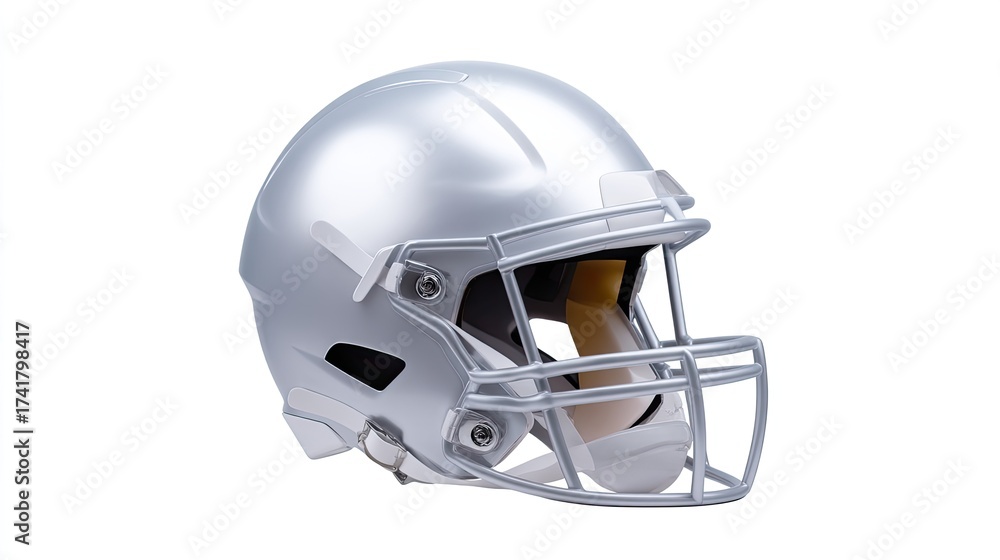 Naklejka premium Silver American Football Helmet with Glossy Finish Isolated on White Background for Sports Equipment and Team Branding Purposes