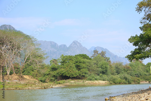 Beautiful Karst Landscape and Nam Song River in Vang Vieng, Laos