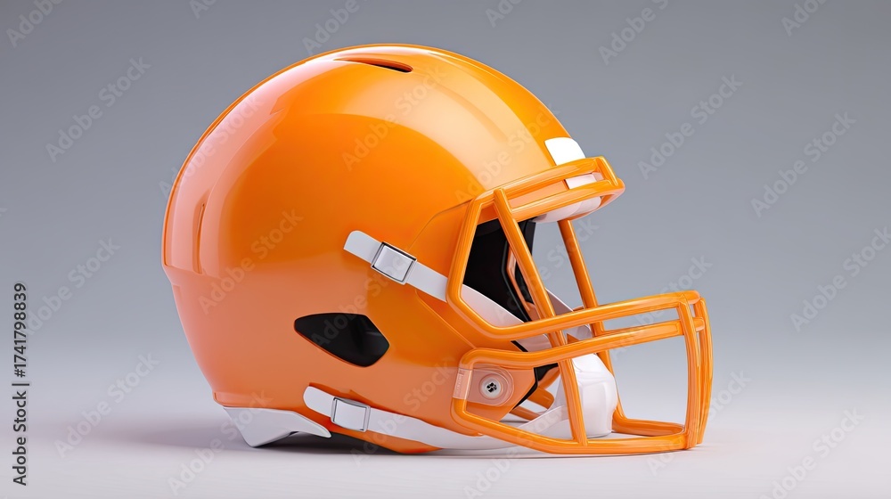 Fototapeta premium Bright Orange Football Helmet on Gray Background Perfect for Sports Themes and Equipment Illustrations