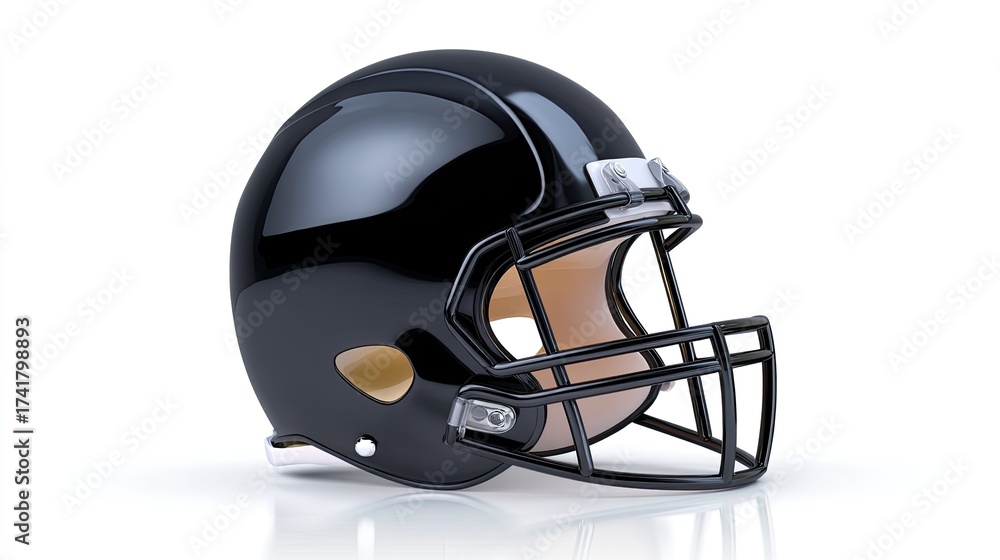 Naklejka premium Glossy Black Football Helmet on White Background with Smooth Curves and Shiny Finish for Sports and Athletic Themes