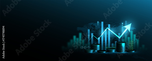 Financial analysis graphs, stock market trading data, currency exchange