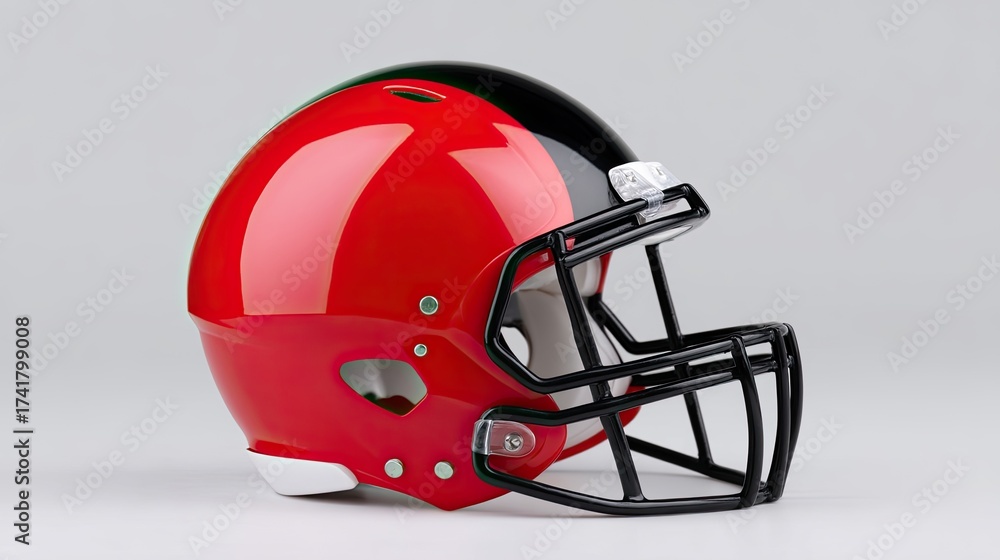 Fototapeta premium Bright Red Football Helmet with Black Face Mask on Gray Background for Sports and Athletic Themes