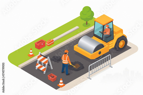 Isometric Road Construction Workers Repairing Asphalt with Road Roller and Safety Equipment on White Background
