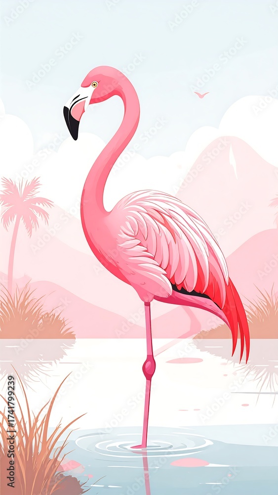 Fototapeta premium Pink flamingo in a serene landscape