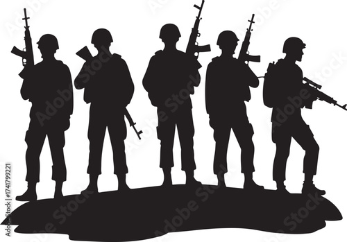 Black silhouette of five soldiers with rifles military