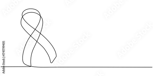 Awareness Ribbon Continuous Line Icon, Red ribbon drawn in one continuous line, Pencil drawing style,  Single line drawing illustration of breast cancer, World breast cancer awareness day. 