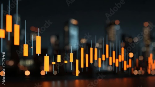 Orange candlestick chart displaying financial stock market data with blurred cityscape background, highlighting dynamic market trends and investment analysis in vibrant urban night setting
