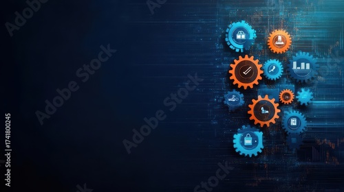 Digital technology concept with interconnected gears and graphical interface representing automation, innovation, and modern computer systems on dark background