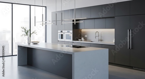 Wallpaper Mural Sleek modern kitchen design featuring an island and urban skyline view Torontodigital.ca