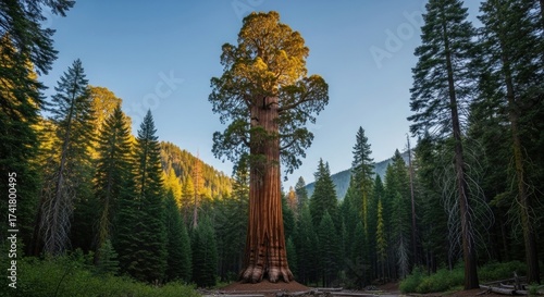 Majestic ancient giant redwood tree bathed in golden sunlight, surrounded by a dense forest