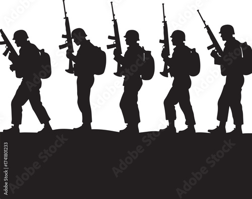 Five black silhouettes of soldiers marching with rifles