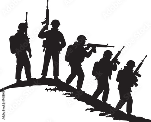 Five soldiers in silhouette advancing across a textured surface