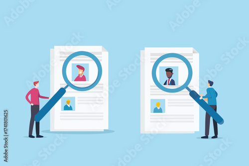 Two recruiters examining resumes and candidate profiles with magnifying glasses for hiring and recruitment process