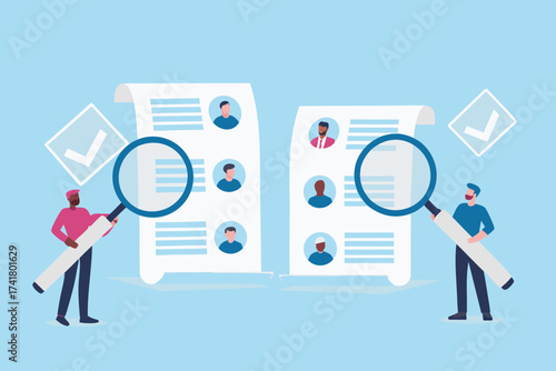 Two people using magnifying glasses to review candidate profiles on resumes for hiring decisions