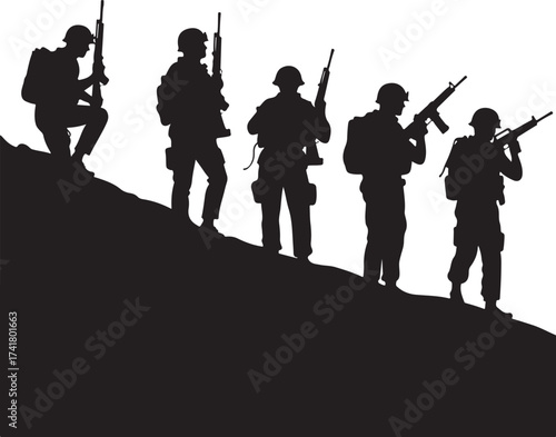 Five soldiers in silhouette advancing up a hill military