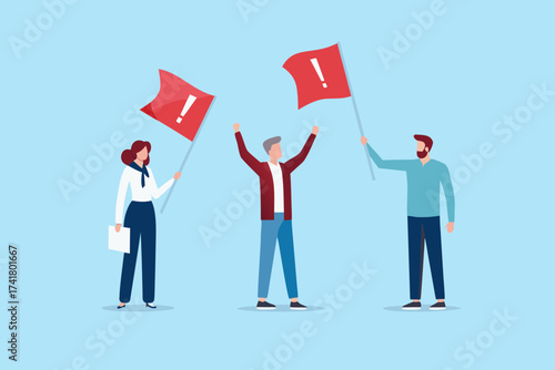 Diverse group of people holding red flags with exclamation marks symbolizing protest or warning