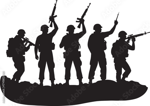 Five soldiers in silhouette holding rifles on rocky ground